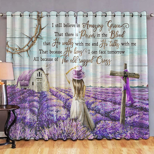 I Still Believe In Amazing Grace Premium Window Curtain - Lavender Field Beautiful Little Girl Large Window Curtain - Christian Wall Decor