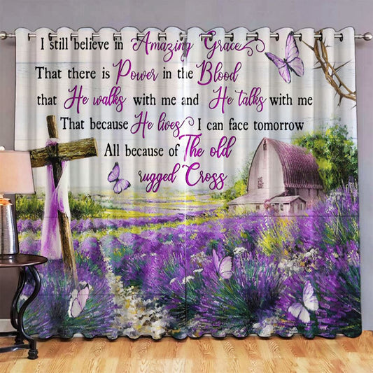 I Still Believe In Amazing Grace Purple Flower Cross Butterfly Large Premium Window Curtain - Christian Window Curtain - Religious Window Curtain