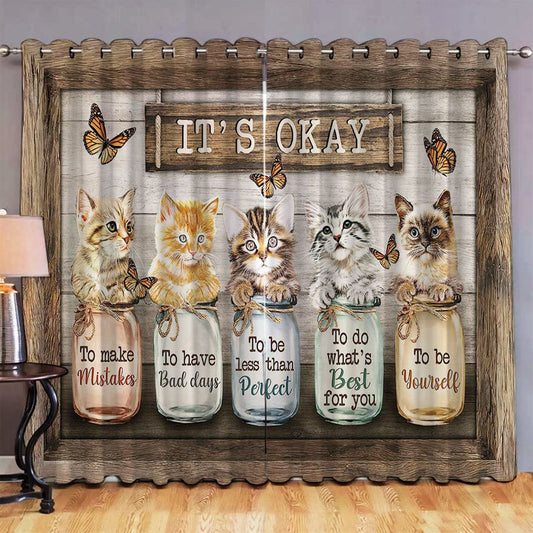 It's Okay To Make Mistakes Lovely Cat Butterfly Bottle Premium Window Curtain Painting - Christian Window Curtain - Gifts For Cat Lovers