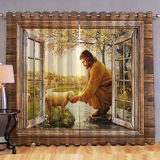 Jesus And The Lamb By The River Premium Window Curtain - Christian Window Curtain Decor - Bible Verse Window Curtain