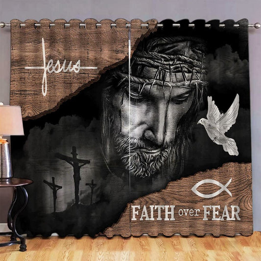 Jesus Black Faith Over Fear Premium Window Curtain - Christian Window Curtain Decor - Bible Verse Window Curtain