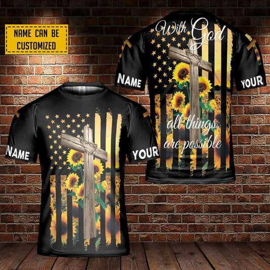 Jesus Cross Sunflower America Custom Name All Over Print 3D T-Shirt, Christian 3D T Shirt, Christian T Shirt, Christian Apparel