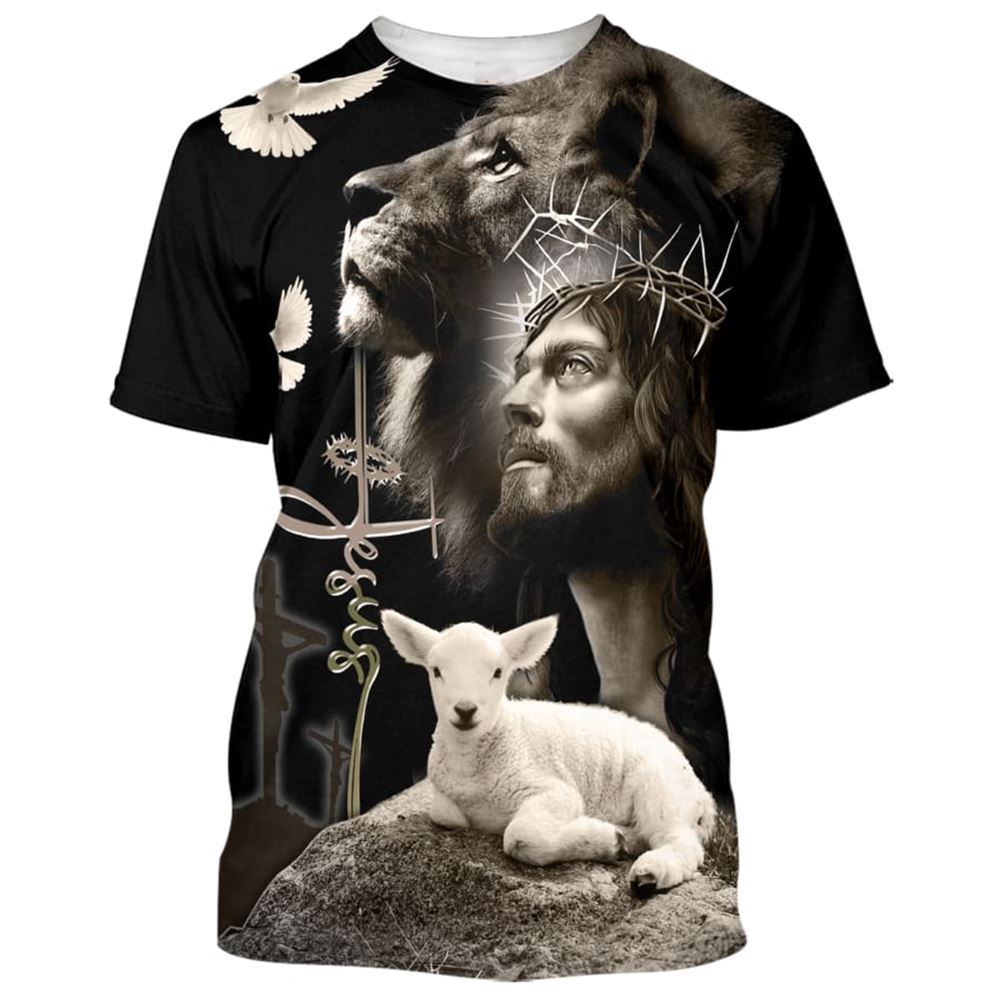 Jesus Lion And The Lamb Black All Over Print 3D T Shirt, Christian 3D T Shirt, Christian Gift, Christian T Shirt