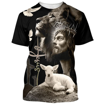Jesus Lion And The Lamb Black All Over Print 3D T Shirt, Christian 3D T Shirt, Christian Gift, Christian T Shirt