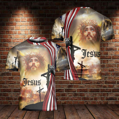 Jesus Portrait Jesus Cross American Flag One Nation Under God All Over Print 3D T Shirt, Christian 3D T Shirt, Christian Gift, Christian T Shirt