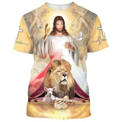 Jesus The Lion And The Lamb All Over Print 3D T Shirt, Christian 3D T Shirt, Christian Gift, Christian T Shirt