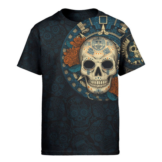 Mexico 3D T Shirt, Aztec Day Of The Dead Aztec Mayan Sugar Skull All Over Print 3D T Shirt, Mexican Aztec Shirts
