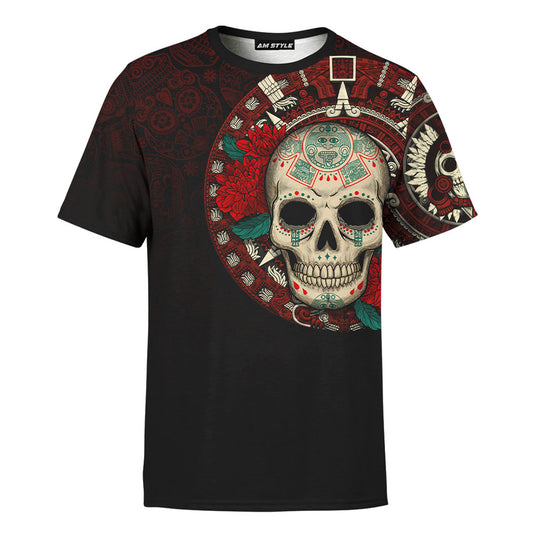 Mexico 3D T Shirt, Aztec Day Of The Dead Sugar Skull Aztec Mayan All Over Print 3D T Shirt, Mexican Aztec Shirts