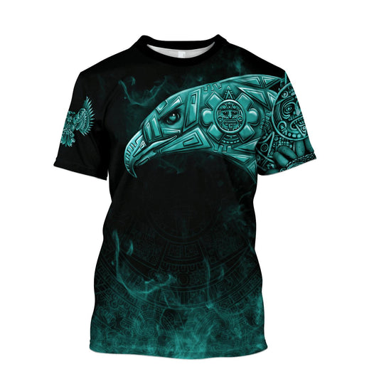 Mexico 3D T Shirt, Aztec Eagle Blue All Over Print 3D T Shirt, Mexican Aztec Shirts