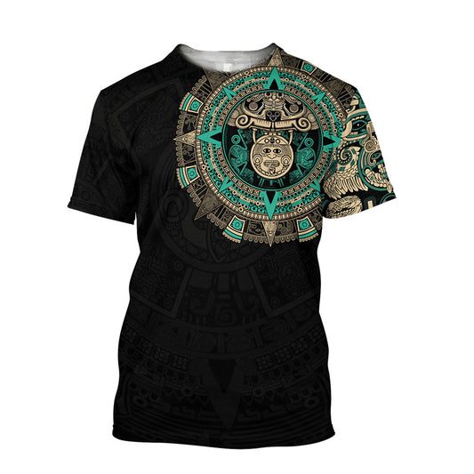 Mexico 3D T Shirt, Aztec God Yellow Blue On Sleeves And Chest Aztec All Over Print 3D T Shirt, Mexican Aztec Shirts
