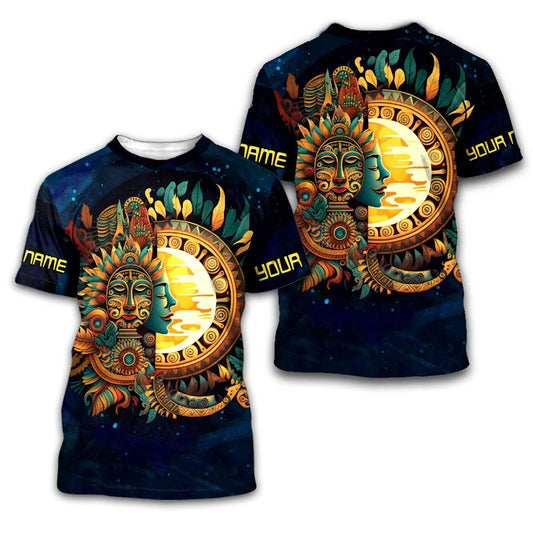 Mexico 3D T Shirt, Aztec Luna Y Sol Mural Art All Over Print 3D T Shirt, Mexican Aztec Shirts