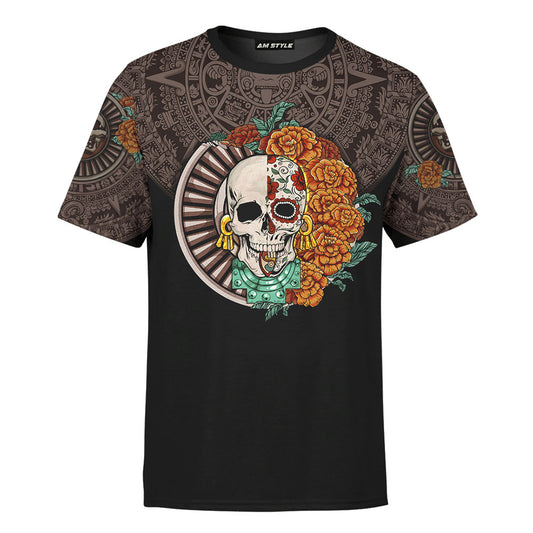 Mexico 3D T Shirt, Aztec Maya Aztec Day Of The Dead Mictlantecuhtli Sugar Skull All Over Print 3D T Shirt, Mexican Aztec Shirts