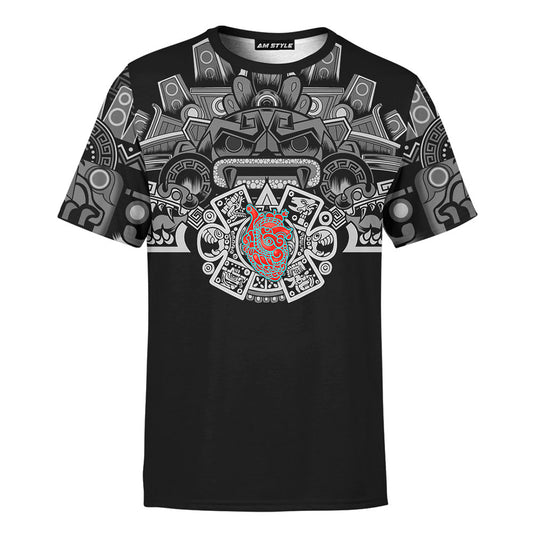 Mexico 3D T Shirt, Tlaloc Heart Aztec Mural Art All Over Print 3D T Shirt, Custom Mexican T Shirt, Mexican Aztec Shirts