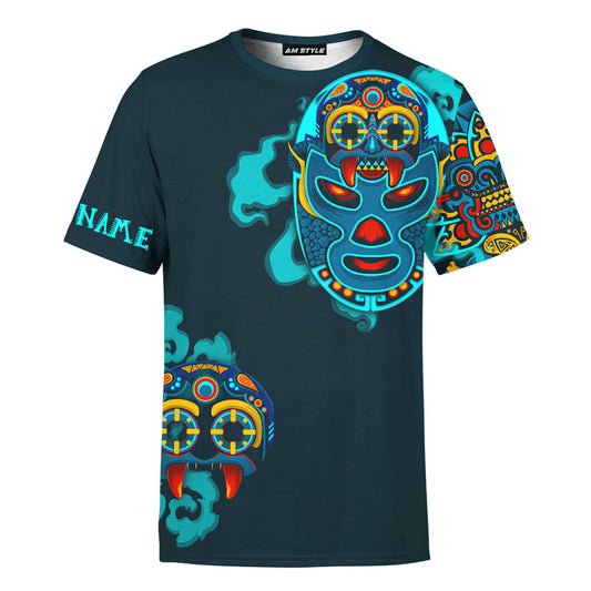 Mexico 3D T Shirt, Tlaloc Mexican Wrestling Mask Maya Aztec Mexican Mural Art All Over Print 3D T Shirt, Custom Mexican T Shirt, Mexican Aztec Shirts