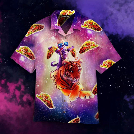 Mexico Hawaiian Shirt, Outer Space Galaxy Funny Cat Pimp Daddy On Tiger Unicorn Flying Tacos Aloha Hawaiian Shirt, Mexican Aloha Shirt