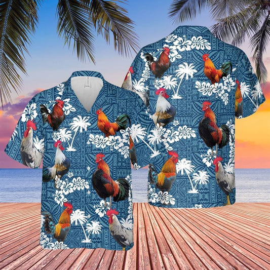 Mexico Hawaiian Shirt, Rooster Blue Tribal All Over Printed 3D Hawaiian Shirt, Mexican Aloha Shirt