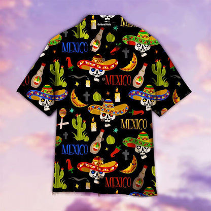 Mexico Hawaiian Shirt, Skulls Cactus Mexican Symbols Cinco De Mayo Pattern Black Hawaiian Shirt, Mexican Aloha Shirt