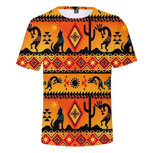 Native American T Shirt, Kokopelli Myth Yellow Native American 3D All Over Printed T Shirt, Native American Graphic Tee For Men Women