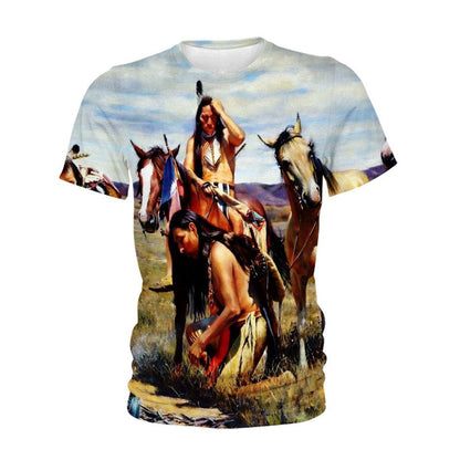 Native American T Shirt, Native American Aborigines & Horse All Over Printed T Shirt, Native American Graphic Tee For Men Women