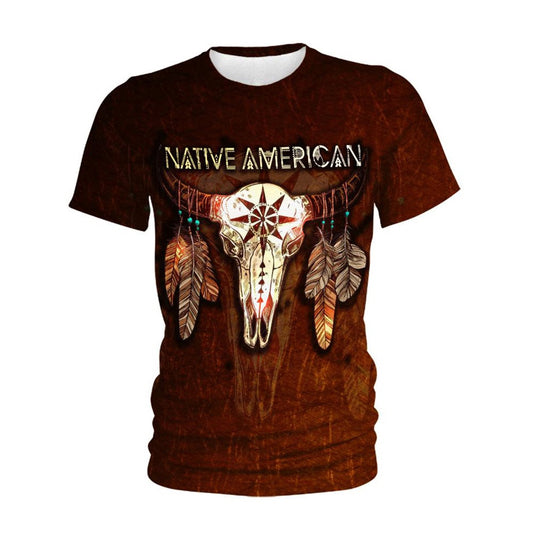 Native American T Shirt, Native American Bison Skull Feather All Over Printed T Shirt, Native American Graphic Tee For Men Women