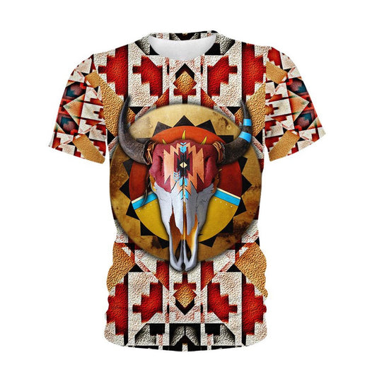 Native American T Shirt, Native American Bison Skull Pattern All Over Printed T Shirt, Native American Graphic Tee For Men Women