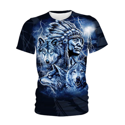 Native American T Shirt, Native American Blue Indian Chief & Wolves All Over Printed T Shirt, Native American Graphic Tee For Men Women