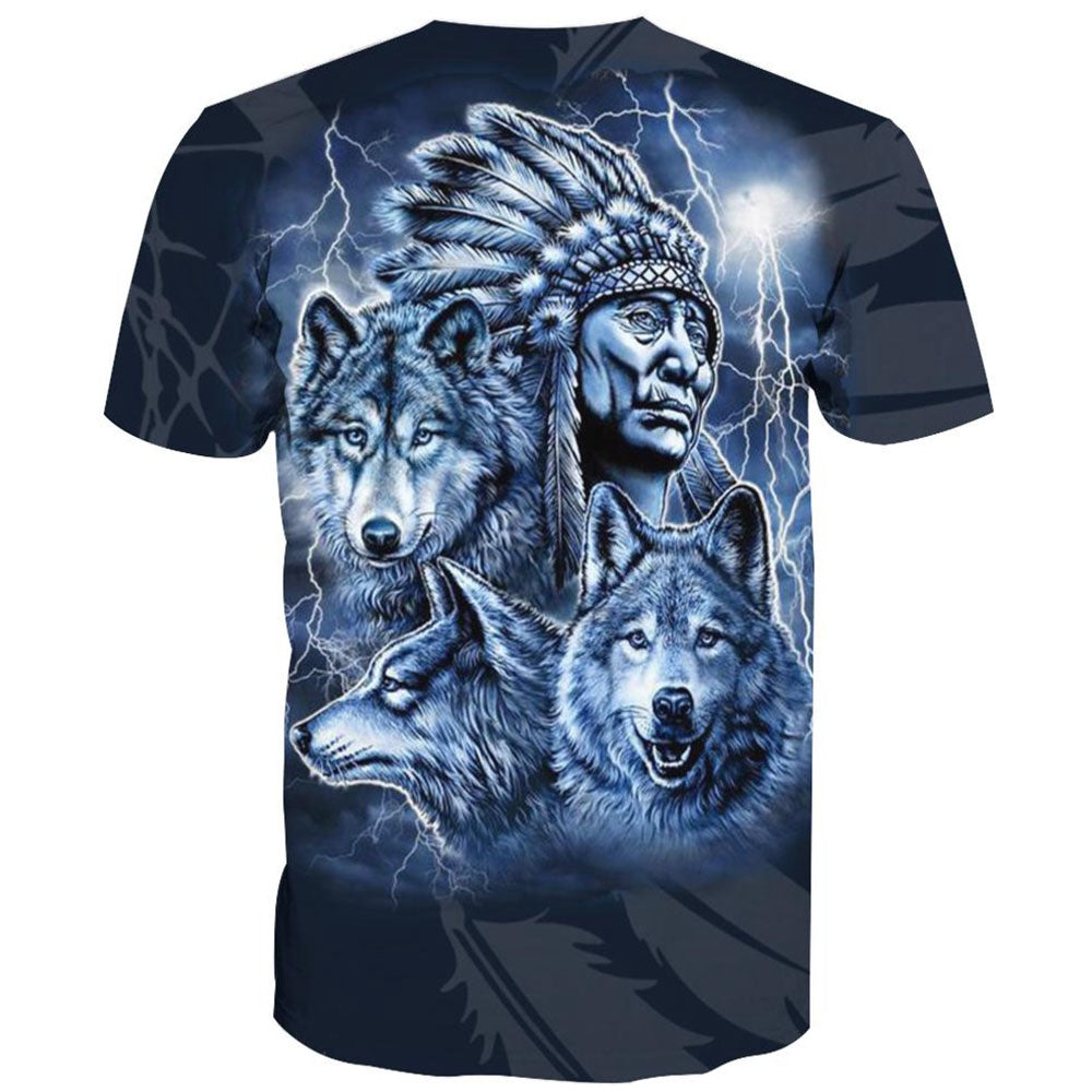 Native American T Shirt, Native American Blue Indian Chief & Wolves All Over Printed T Shirt, Native American Graphic Tee For Men Women