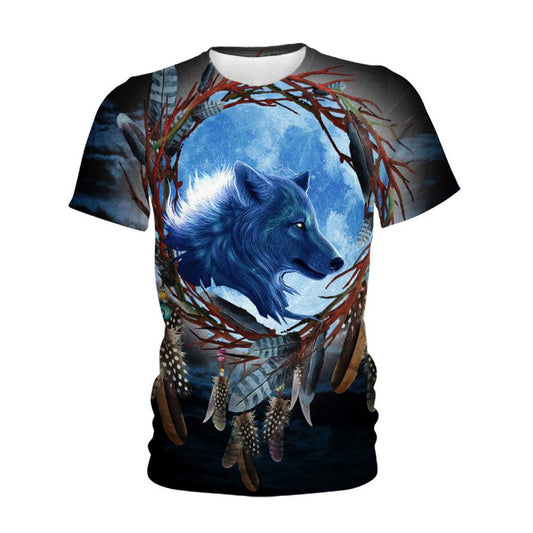 Native American T Shirt, Native American Blue Single-Wolf Dream All Over Printed T Shirt, Native American Graphic Tee For Men Women