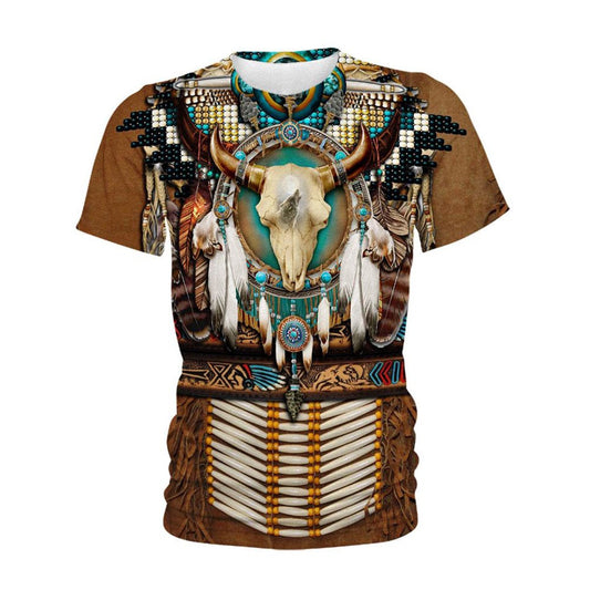 Native American T Shirt, Native American Blue Skull Pattern All Over Printed T Shirt, Native American Graphic Tee For Men Women