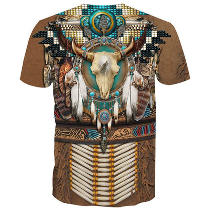 Native American T Shirt, Native American Blue Skull Pattern All Over Printed T Shirt, Native American Graphic Tee For Men Women