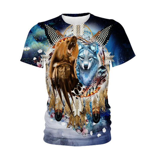Native American T Shirt, Native American Blue Wolf & Brown Wolf All Over Printed T Shirt, Native American Graphic Tee For Men Women