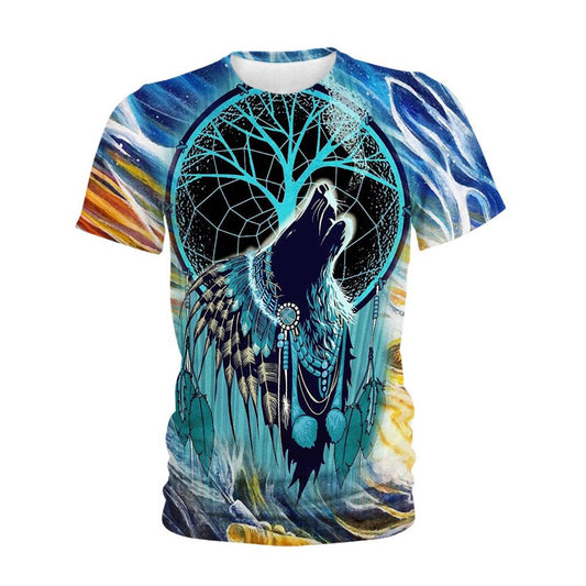 Native American T Shirt, Native American Blue Wolf Dream All Over Printed T Shirt, Native American Graphic Tee For Men Women