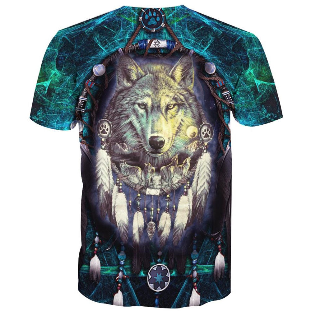 Native American T Shirt, Native American Blue Wolf Head All Over Printed T Shirt, Native American Graphic Tee For Men Women