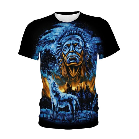 Native American T Shirt, Native American Blue Wolf Leader All Over Printed T Shirt, Native American Graphic Tee For Men Women