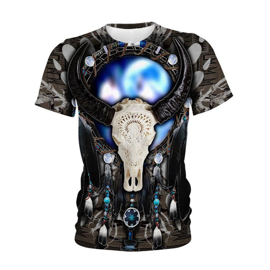 Native American T Shirt, Native American Blur Bison Skull All Over Printed T Shirt, Native American Graphic Tee For Men Women