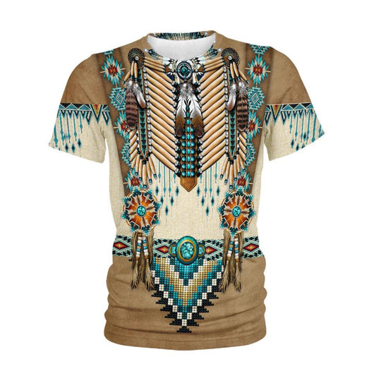 Native American T Shirt, Native American Brown Blue All Over Printed T Shirt, Native American Graphic Tee For Men Women