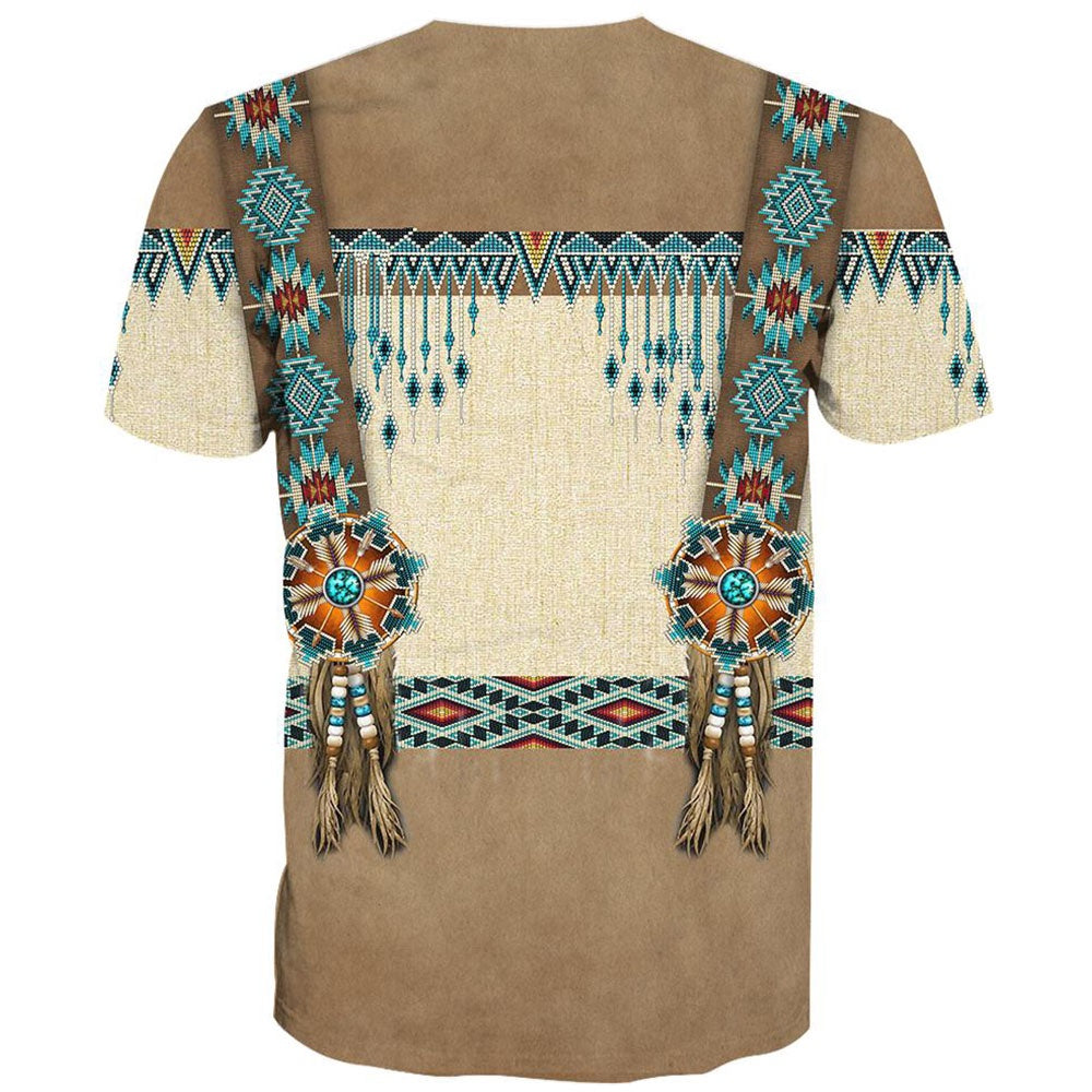 Native American T Shirt, Native American Brown Blue All Over Printed T Shirt, Native American Graphic Tee For Men Women