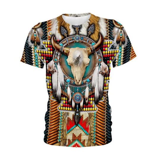 Native American T Shirt, Native American Brown Blue Skull All Over Printed T Shirt, Native American Graphic Tee For Men Women