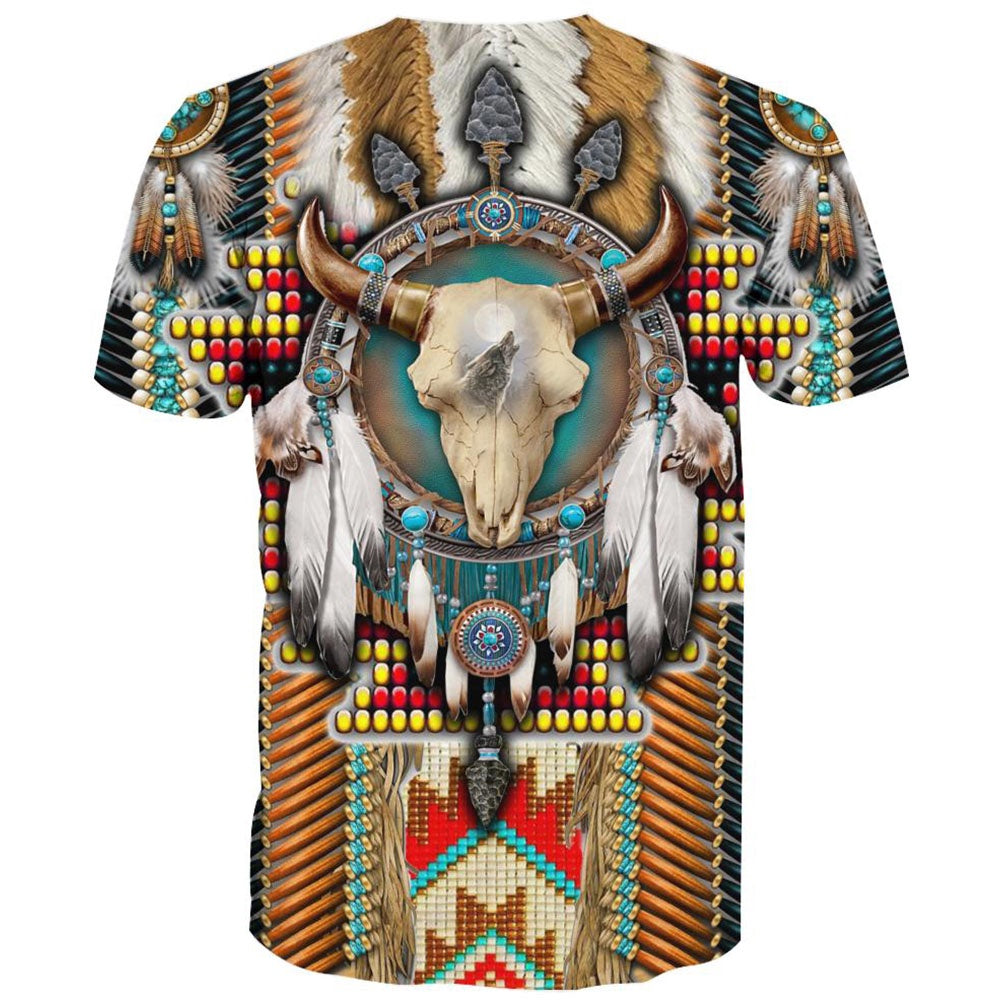 Native American T Shirt, Native American Brown Blue Skull All Over Printed T Shirt, Native American Graphic Tee For Men Women