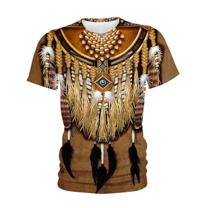Native American T Shirt, Native American Brown Feathers All Over Printed T Shirt, Native American Graphic Tee For Men Women
