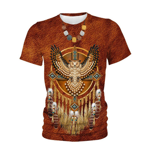 Native American T Shirt, Native American Brown Single Owl All Over Printed T Shirt, Native American Graphic Tee For Men Women