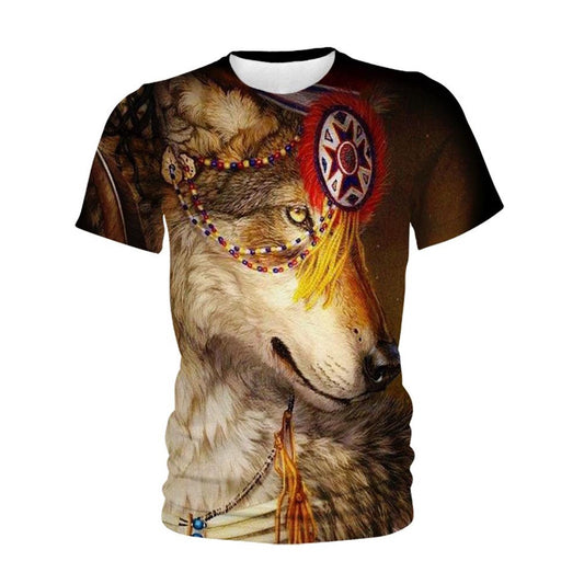 Native American T Shirt, Native American Brown Wolf Head All Over Printed T Shirt, Native American Graphic Tee For Men Women