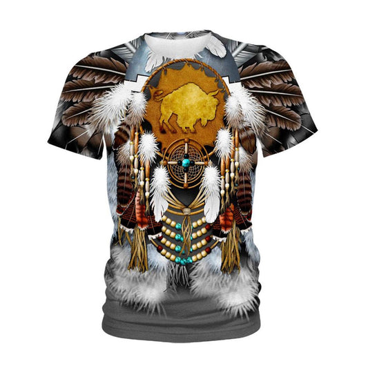 Native American T Shirt, Native American Buffalo Feathers All Over Printed T Shirt, Native American Graphic Tee For Men Women
