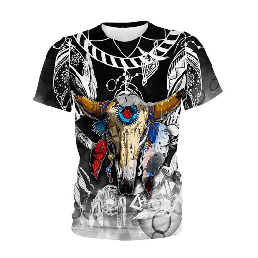 Native American T Shirt, Native American Buffalo Skull Black All Over Printed T Shirt, Native American Graphic Tee For Men Women