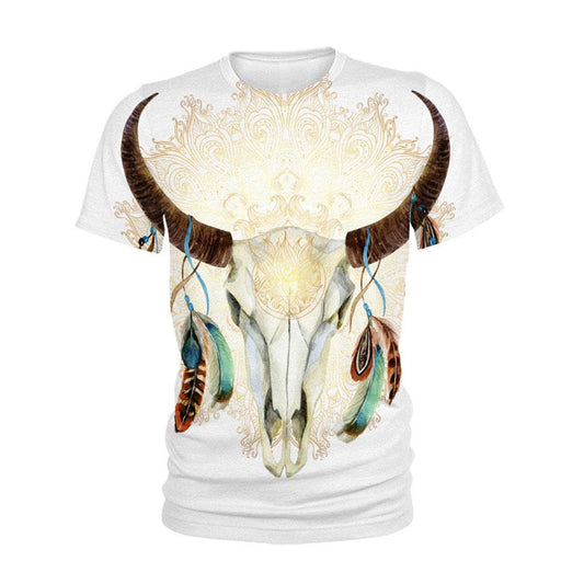 Native American T Shirt, Native American Buffalo Skull Bright All Over Printed T Shirt, Native American Graphic Tee For Men Women