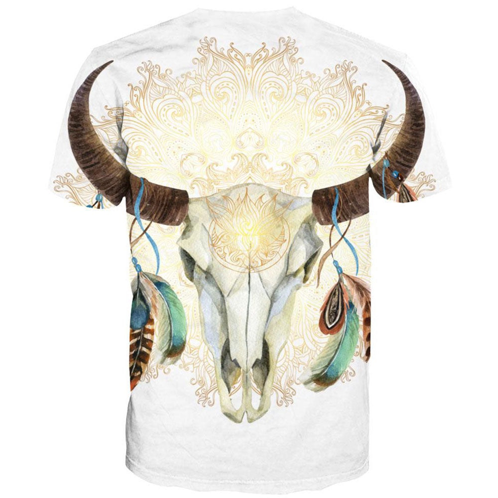 Native American T Shirt, Native American Buffalo Skull Bright All Over Printed T Shirt, Native American Graphic Tee For Men Women