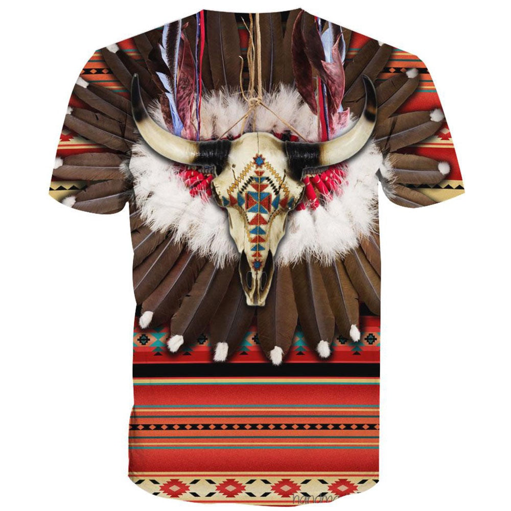 Native American T Shirt, Native American Buffalo Skull Feathers All Over Printed T Shirt, Native American Graphic Tee For Men Women