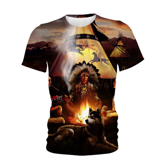 Native American T Shirt, Native American Chief Wolf Fire All Over Printed T Shirt, Native American Graphic Tee For Men Women