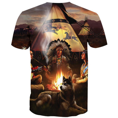 Native American T Shirt, Native American Chief Wolf Fire All Over Printed T Shirt, Native American Graphic Tee For Men Women