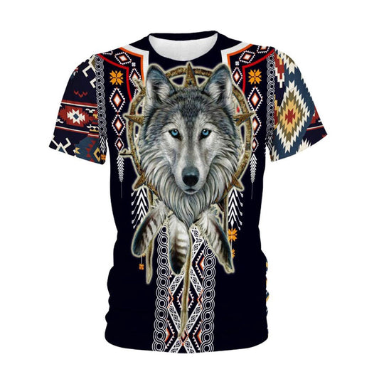 Native American T Shirt, Native American Circle Wolf Head All Over Printed T Shirt, Native American Graphic Tee For Men Women